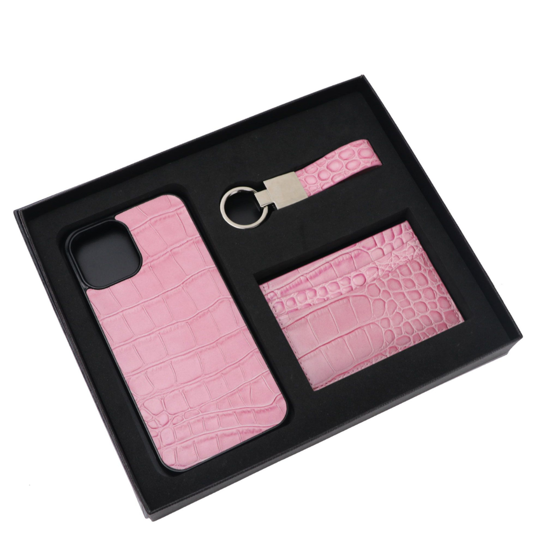 Personalizable in crocodile design: gift set [initials] - genuine leather card case, keychain & cell phone case for Apple iPhone