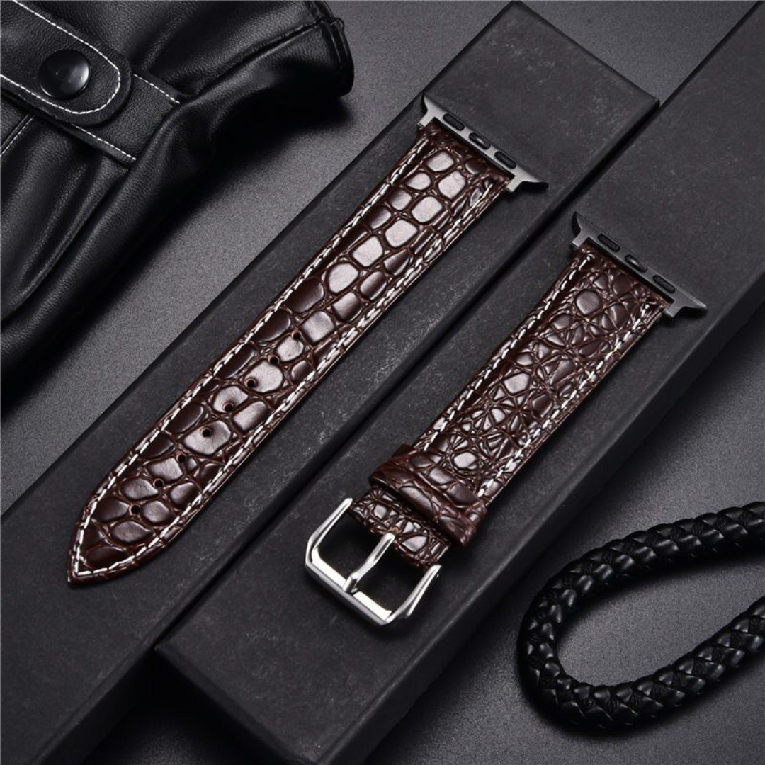 Genuine Leather Strap with Butterfly Closure - Crocodile Design for Apple Watch Series & Ultra