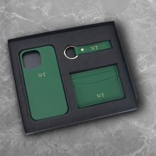 Personalizable: Gift Set [Initials] - Genuine Leather Card Case, Keychain & iPhone Case for Apple iPhone