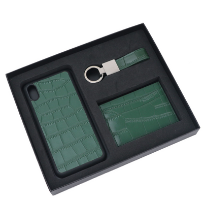 Personalizable in crocodile design: gift set [initials] - genuine leather card case, keychain & cell phone case for Apple iPhone