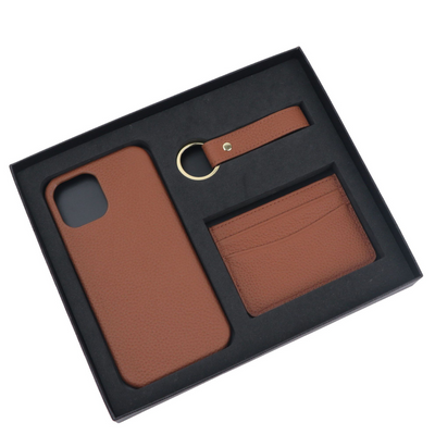 Personalizable: Gift Set [Initials] - Genuine Leather Card Case, Keychain & iPhone Case for Apple iPhone