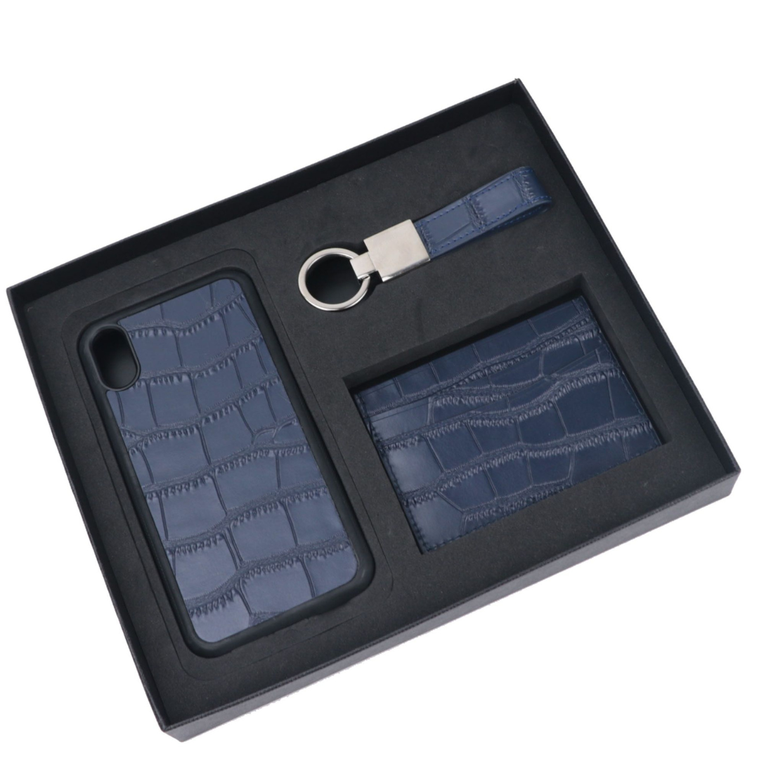 Personalizable in crocodile design: gift set [initials] - genuine leather card case, keychain & cell phone case for Apple iPhone