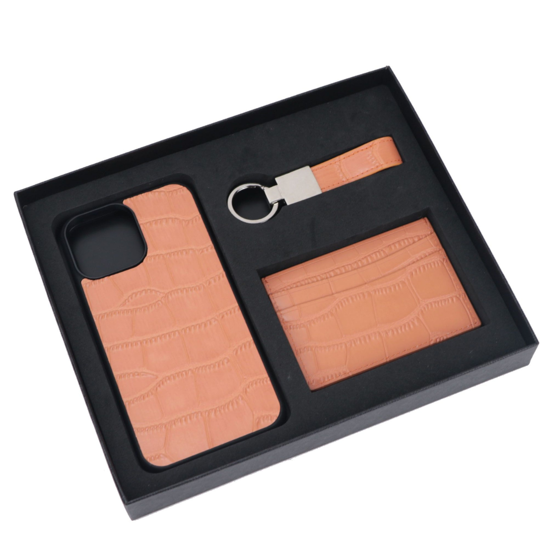 Personalizable in crocodile design: gift set [initials] - genuine leather card case, keychain & cell phone case for Apple iPhone