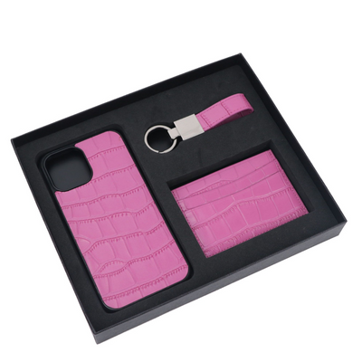 Personalizable in crocodile design: gift set [initials] - genuine leather card case, keychain & cell phone case for Apple iPhone