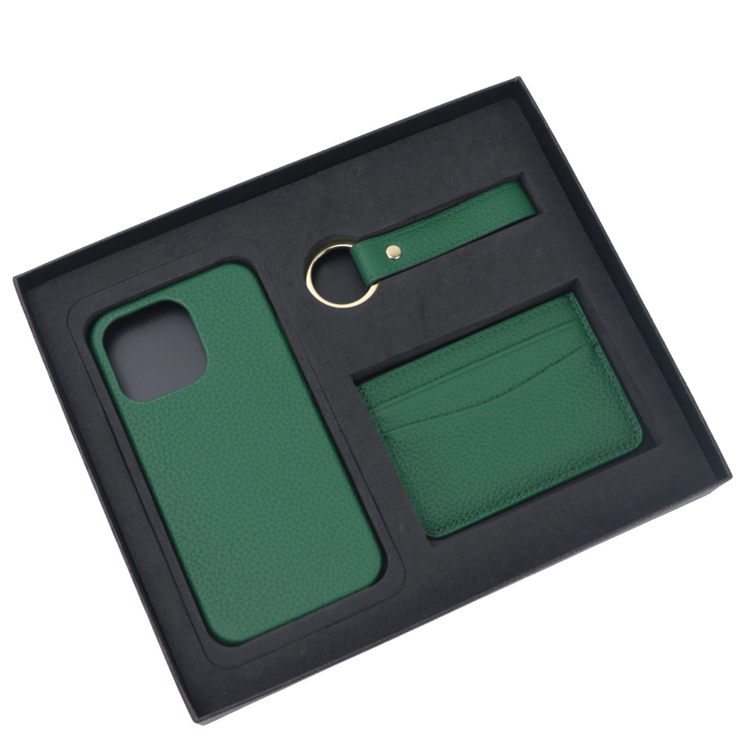 Personalizable: Gift Set [Initials] - Genuine Leather Card Case, Keychain & iPhone Case for Apple iPhone