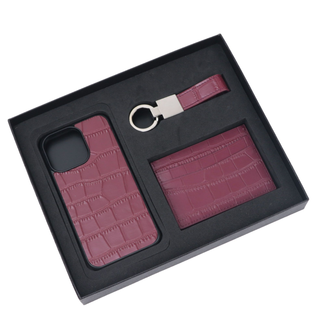 Personalizable in crocodile design: gift set [initials] - genuine leather card case, keychain & cell phone case for Apple iPhone