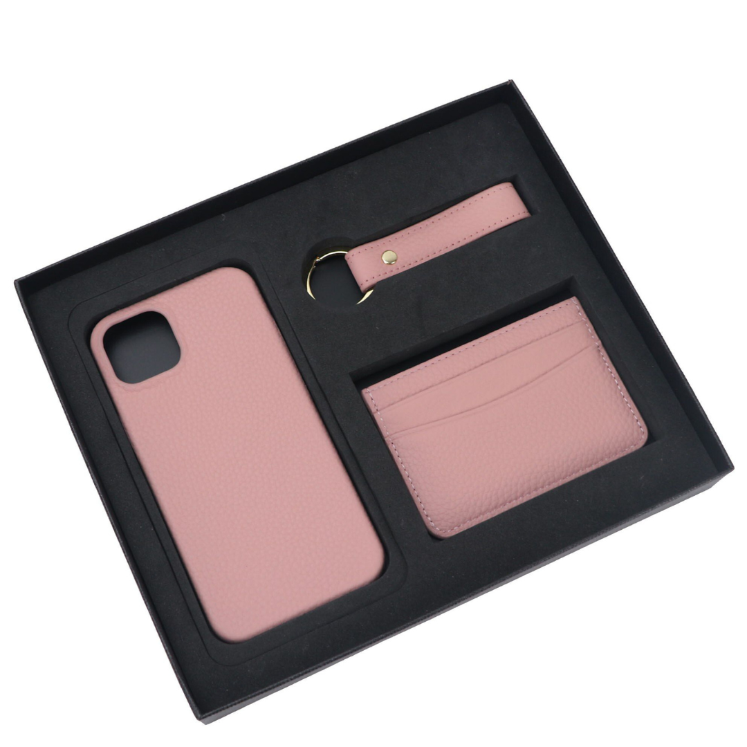 Personalizable: Gift Set [Initials] - Genuine Leather Card Case, Keychain & iPhone Case for Apple iPhone